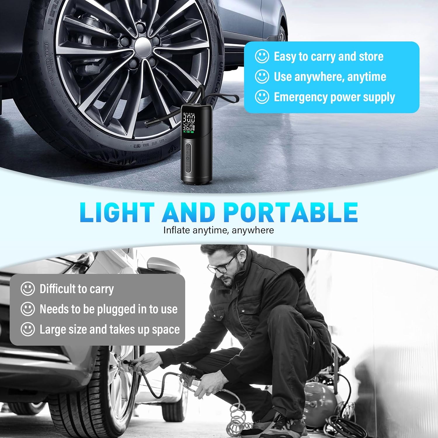 Elektrische Luftpumpe, Akku Kompressor 150PSI Tragbare Fahrradpumpe mit LED-Anzeige & LED-Licht für Auto, Motorrad, Roller, Fahrrad, Bälle – Bild 2