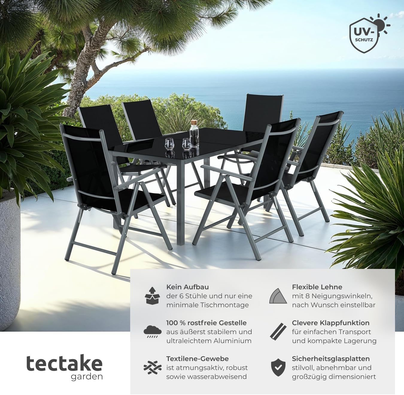 tectake® Sitzgarnitur Aluminium Klappstühle, Lounge Set mit 6X Stühle und 1x Glastisch Esstisch, Gartenmöbel Set wetterfest für den Balkon, Gartenstühle, Terrassenmöbel, Liegestuhl - anthrazit – Bild 2
