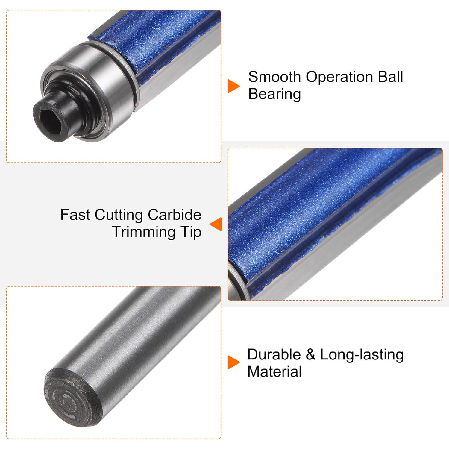 QUARKZMAN Bündigfräser 6mm Schaft 3/8" Durchmesser 1,2" Schneidtiefe Oberlager Bündiggerade Schneidfräser Hartmetall für Spanplatten Sperrholz MDF Holzarbeiten, Silber Blau – Bild 4