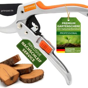 Gartenschere Premium mit Ratsche, inkl. Nachschleifservice, Profi Ratschen Garten-Schere, 30 Jahre Qualität, Profi Gartengeräte Astschere Schere Rosenschere Pflanzenschere Blumenschere