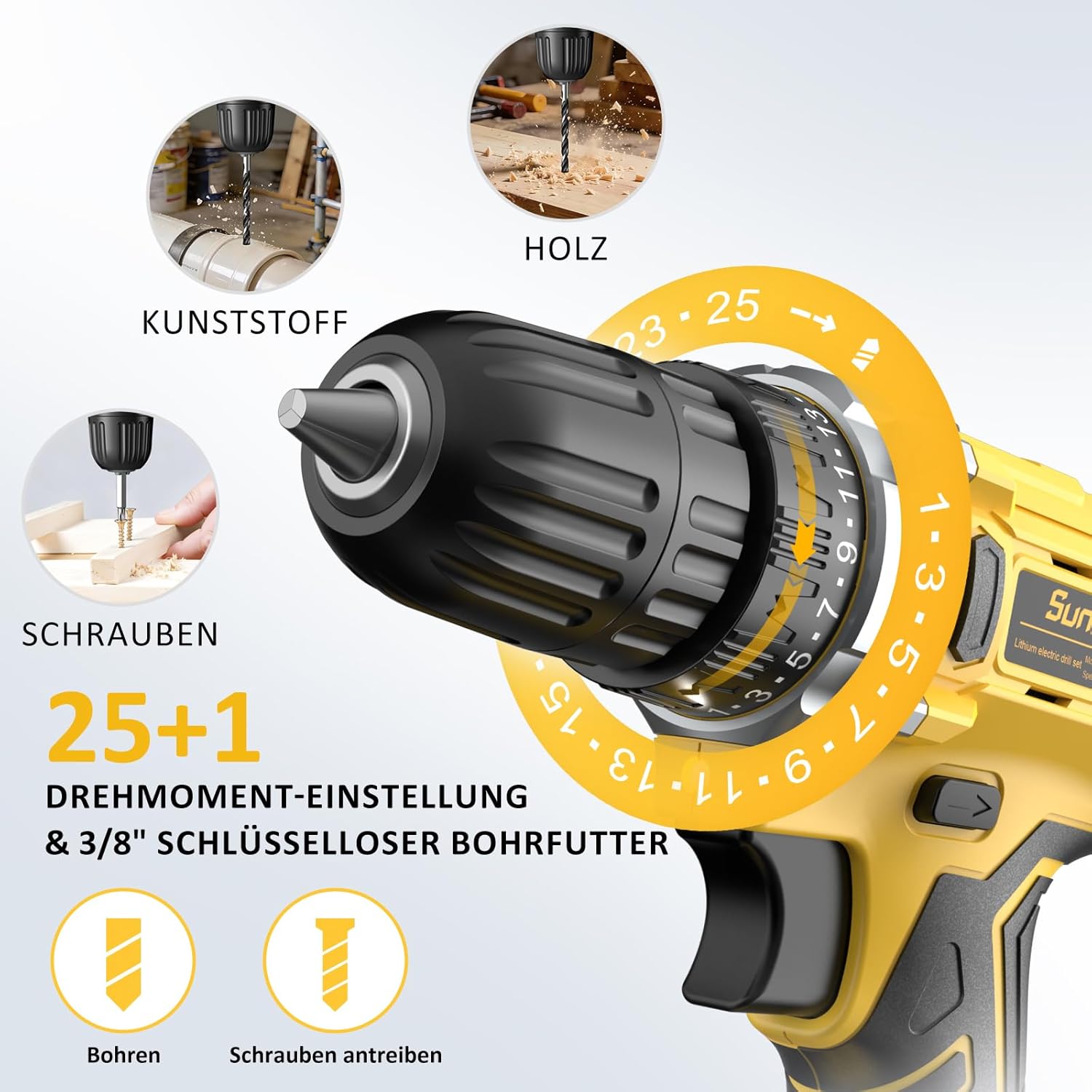 Sundpey Werkzeugkoffer Gefüllt 170tlg mit Akku Bohrschrauber Set, 21V Akkuschrauber mit 2.0 Ah Akku, Universelles Basic Heimwerkzeug im Werkzeugkasten für Haushalt, Bohrungen, Reparaturen, Heimwerker – Bild 5