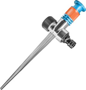 GRÜNTEK Kreisbogen-Regner, Garten Sprühregner, Kreisregner mit stufenlos einstellbarem Bewässerungs-Bereich 0 bis 360 Grad, Stabiler Metall-Dorn, Sprinkler aus Wetter- und UV-festem ABS-Kunststoff