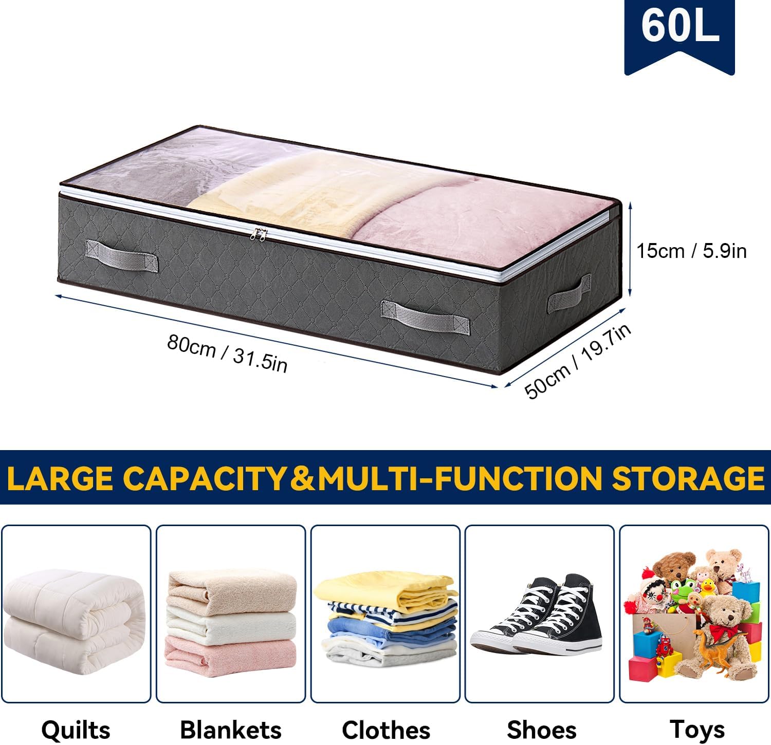 AIOR 2 Stück 60L Unterbettkommode mit Sichtfenster, Faltbare Unterbett-Aufbewahrungstasche Kleideraufbewahrung, Decken Organisator Lagerbehälter, 80x50x15cm – Bild 2