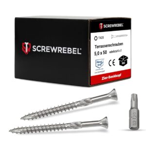 SCREW REBEL Terrassenschraube ST-FIX Edelstahl C1 5,0 x 50mm - 500 Stück inklusive S2-Bit, TX 25, Zier-Senkkopf, Schaftfräser, Sägezahn Gewindeschliff, Cutspitze, Dielenschraube gewachst