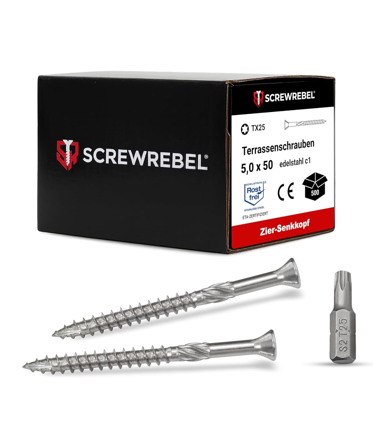 SCREW REBEL Terrassenschraube ST-FIX Edelstahl C1 5,0 x 50mm - 500 Stück inklusive S2-Bit, TX 25, Zier-Senkkopf, Schaftfräser, Sägezahn Gewindeschliff, Cutspitze, Dielenschraube gewachst