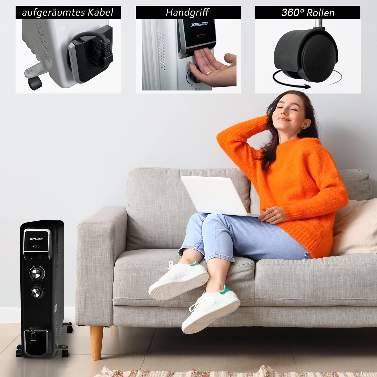 Ölradiator 2500 Watt mit 3 Heizstufen | Thermostat | 11 Rippen elektro Heizkörper | Öl Radiator energiesparend | Überhitzungsschutz | elektrische Heizung | ECO Mode | 1000 1500 (schwarz) – Bild 4