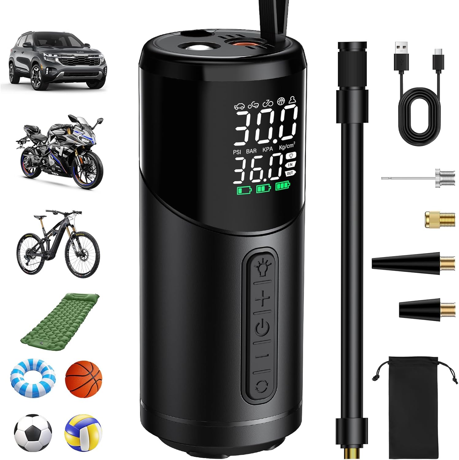 Elektrische Luftpumpe, Akku Kompressor 150PSI Tragbare Fahrradpumpe mit LED-Anzeige & LED-Licht für Auto, Motorrad, Roller, Fahrrad, Bälle