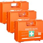 3x Erste Hilfe Kasten DIN 13169:2021 - Verbandskasten inkl. praktischer Wandhalterung, 5x Aufkleber, Gesichtsmasken, Feuchttücher & Plombe - Erste Hilfe Koffer für Betriebe, Einrichtungen & Zuhause