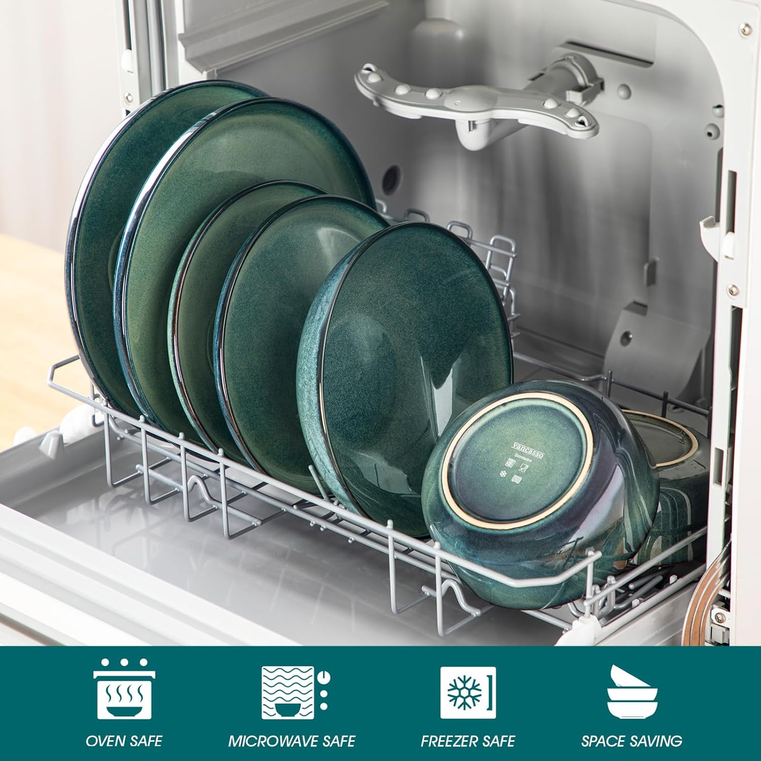 Geschirrset 6 Personen modern, vancasso STARRY 24-teiliges Steingut Geschirr Set, Kombiservice Set Grün, Tafelservice 6 Personen, Inklusive Speiseteller, Dessertteller, Suppenteller und Müslischalen – Bild 5