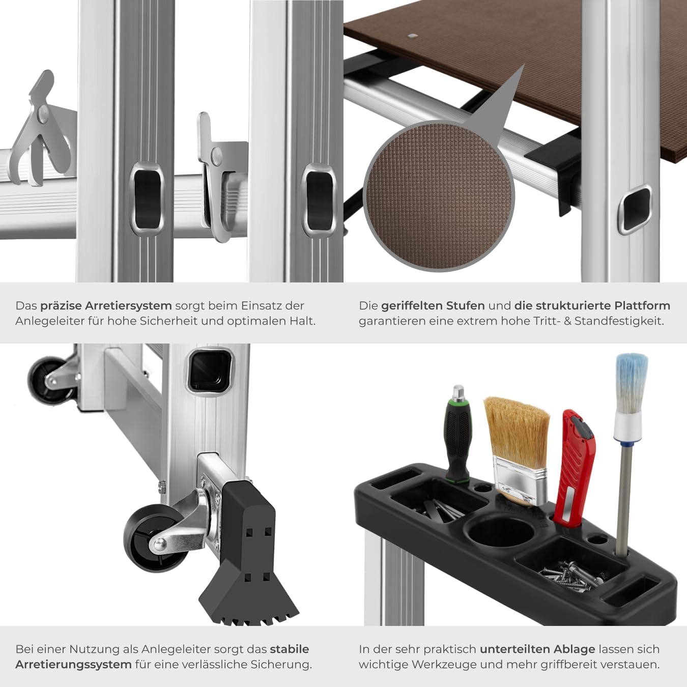 TecTake Gerüst, Leiter 4 in 1, Mobile Mehrzweckleiter, Arbeitsbühne, Baugerüst, Alu Gerüst, Rollgerüst mit Arbeitsplattform, Haushaltsleiter, belastbar bis max. 150 Kg - Silber – Bild 4