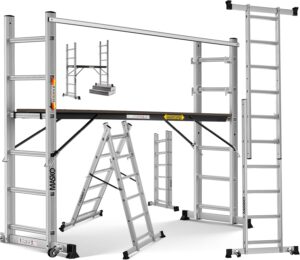 Masko® Baugerüst Alugerüst Gerüst 𝟰𝗶𝗻𝟭✓ Anlegeleiter ✓ Bockeiter ✓ Arbeitsgerüst ✓ treppenleiter✓ Arbeitsbühne | bis 150 KG belastbar | Anti-Rutsch beschichtet | Gerüstleiter | GS geprüft (EN 131)