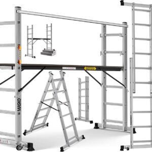 Masko® Baugerüst Alugerüst Gerüst 𝟰𝗶𝗻𝟭✓ Anlegeleiter ✓ Bockeiter ✓ Arbeitsgerüst ✓ treppenleiter✓ Arbeitsbühne | bis 150 KG belastbar | Anti-Rutsch beschichtet | Gerüstleiter | GS geprüft (EN 131)