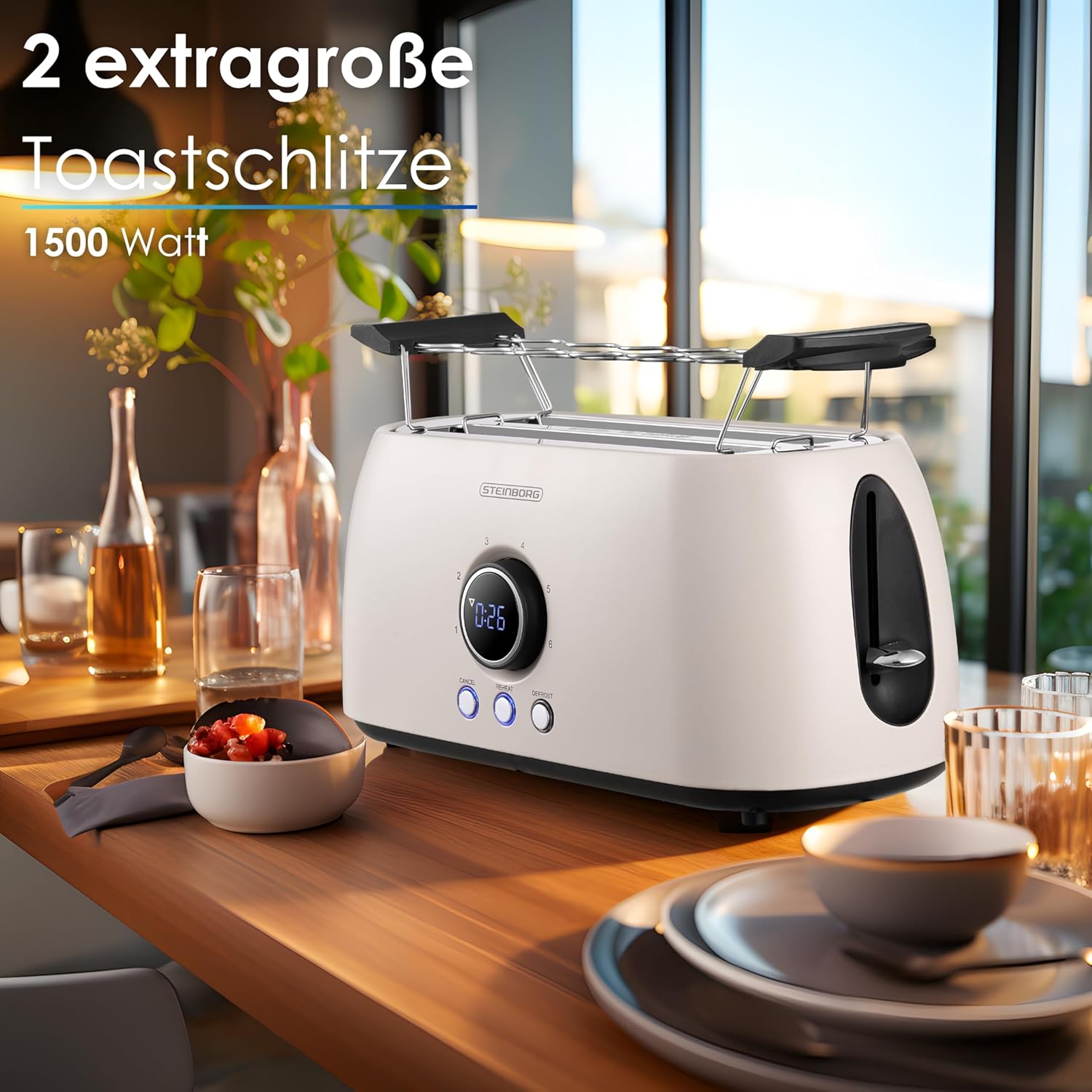 Steinborg Toaster 4 Scheiben mit Brötchenaufsatz Langschlitztoaster Toastautomat Automatische Abschaltung Doppelschlitztoaster Familientoaster Toastgerät LED Display mit Restzeitanzeige (Bulgur Beige) – Bild 2