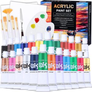 Aottom 33 Stück Leinwand Acrylfarben Set, 24 *Tube Acrylfarben mit 5 *Pinselset +2*Leinwand +1*Mischpalette +1*Mischmesser Acryl Farben für Steine,Papier,Holz, für Künstler,Anfänger