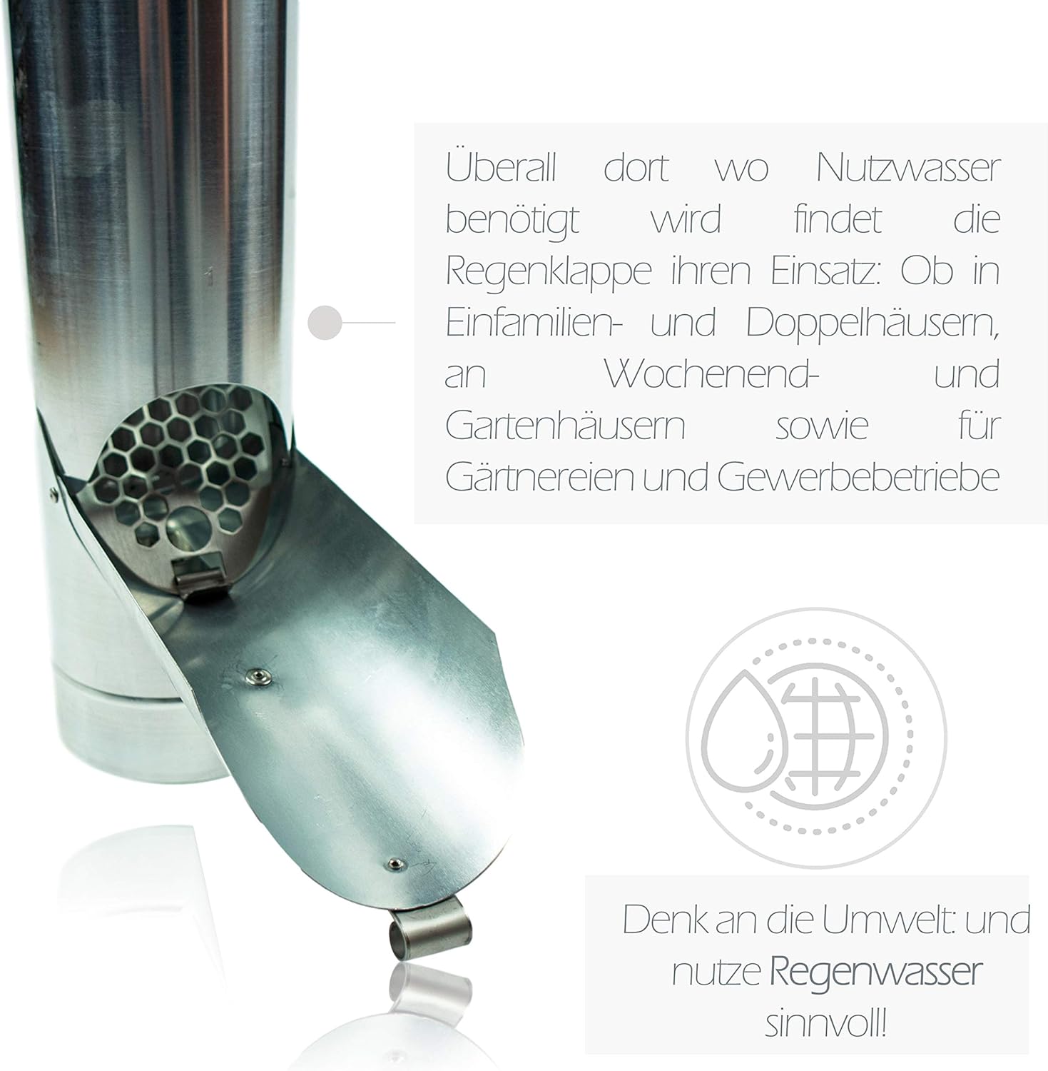 Zink Regenrohrklappe 100 mm mit Edelstahl Sieb - Titanzink Fallrohrklappe als Regenwassersammler, einfache Montage dank konischer Form & passgenauem Übergang – Bild 4