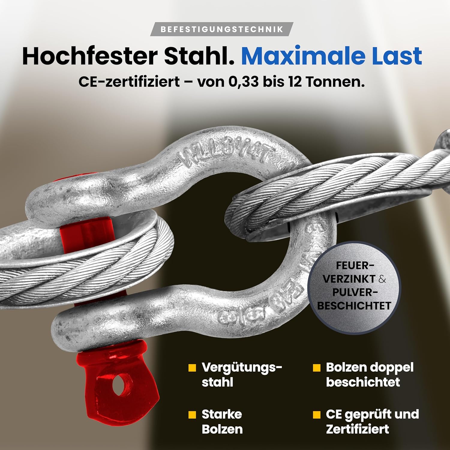 Schäkel hochfest geschweift - Größe & Menge wählbar: WLL 0,33-12 Tonnen Tragkraft - hochbelastbarer feuerverzinkter Stahl (2 Stk, 4,75t) – Bild 2