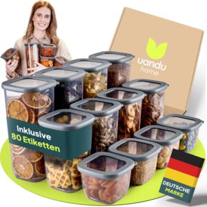 uandu Vorratsdosen mit Deckel luftdicht – 12er Vorratsbehälter Set BPA Frei, Aufbewahrungsdosen Küche für Müsli, Mehl & Zucker, Mit Etiketten