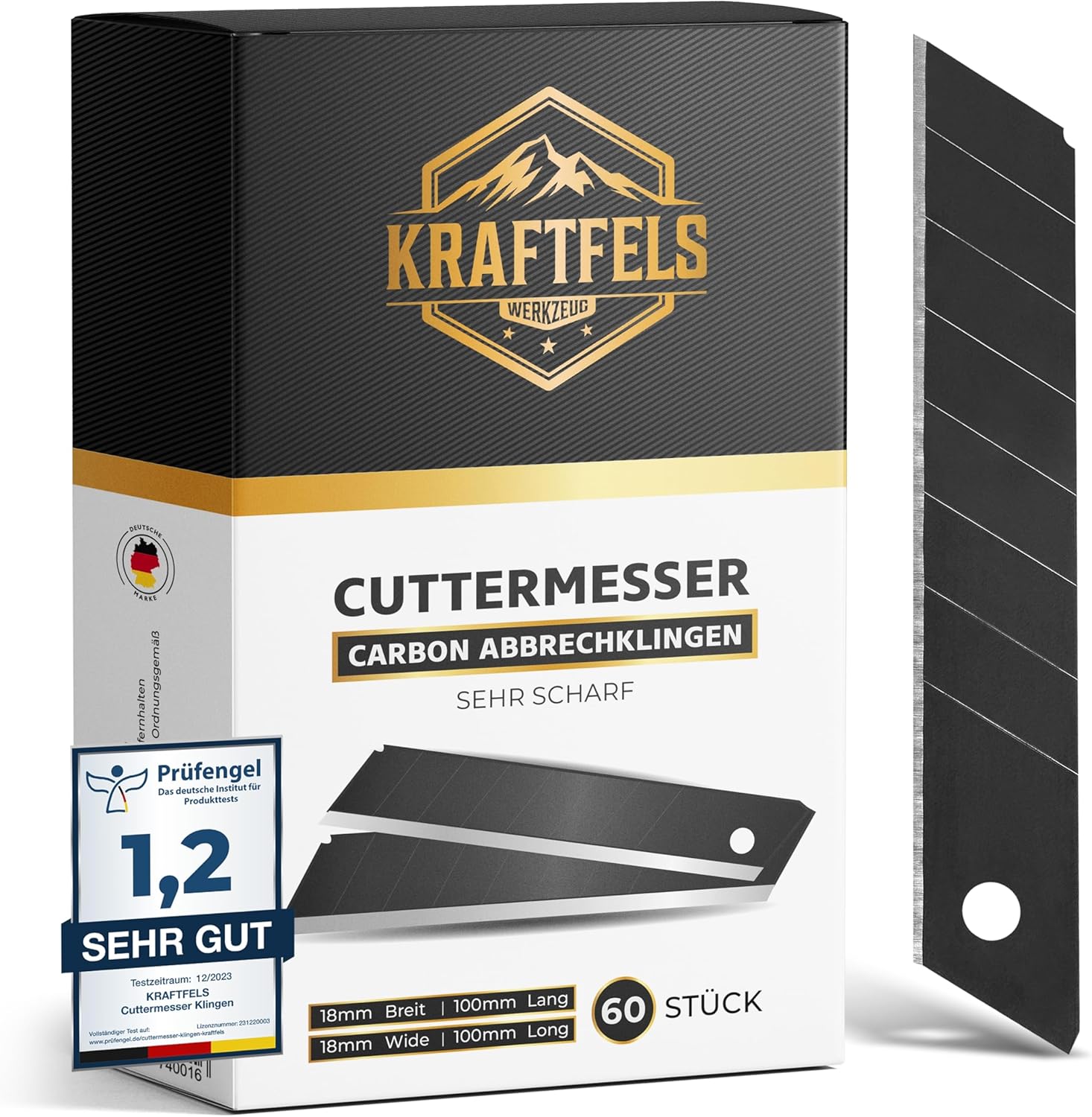 60x Profi Cuttermesser Klingen 18mm - Ersatzklingen Cuttermesser aus hochwertigem Carbonstahl - Klingen Cutter Messer - Gehärtet & ultra scharf - Abbrechklingen für Cutter Messer Schwarz