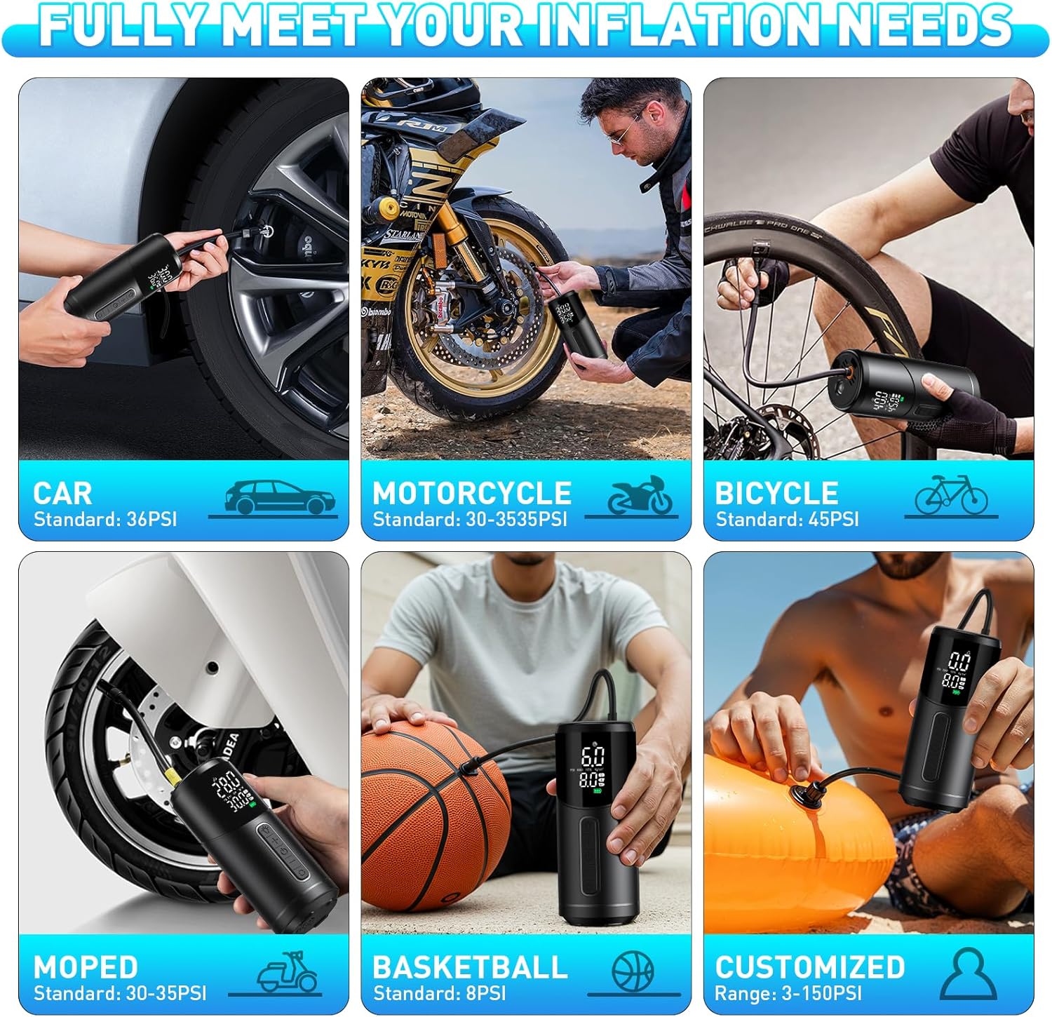 Elektrische Luftpumpe, Akku Kompressor 150PSI Tragbare Fahrradpumpe mit LED-Anzeige & LED-Licht für Auto, Motorrad, Roller, Fahrrad, Bälle – Bild 5