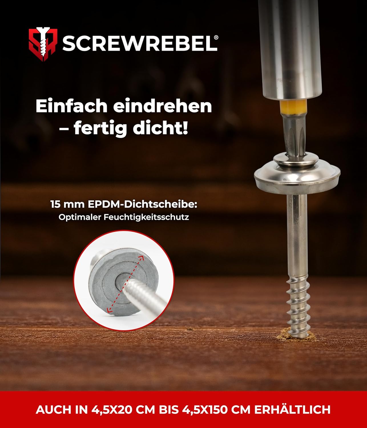25 Stück SCREW REBEL Spenglerschrauben 4,5 x 150 mm - Edelstahl A2, Inox mit EPDM-Dichtscheibe Ø15mm TX 20 – Bild 4