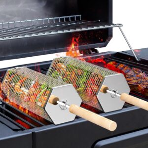 Nestbar Rollender Grillkorb, Abnehmbarer Holzgriff, Edelstahl 304, Outdoor Küche Grill Zubehör für Gemüse, Garten Camping Gadgets für Gasgrill, Geschenke Geburtstagsgeschenk für Männer Papa
