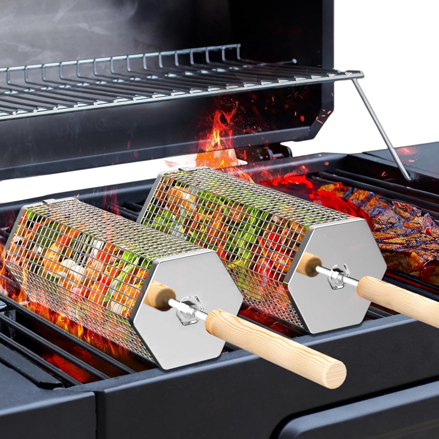 Nestbar Rollender Grillkorb, Abnehmbarer Holzgriff, Edelstahl 304, Outdoor Küche Grill Zubehör für Gemüse, Garten Camping Gadgets für Gasgrill, Geschenke Geburtstagsgeschenk für Männer Papa