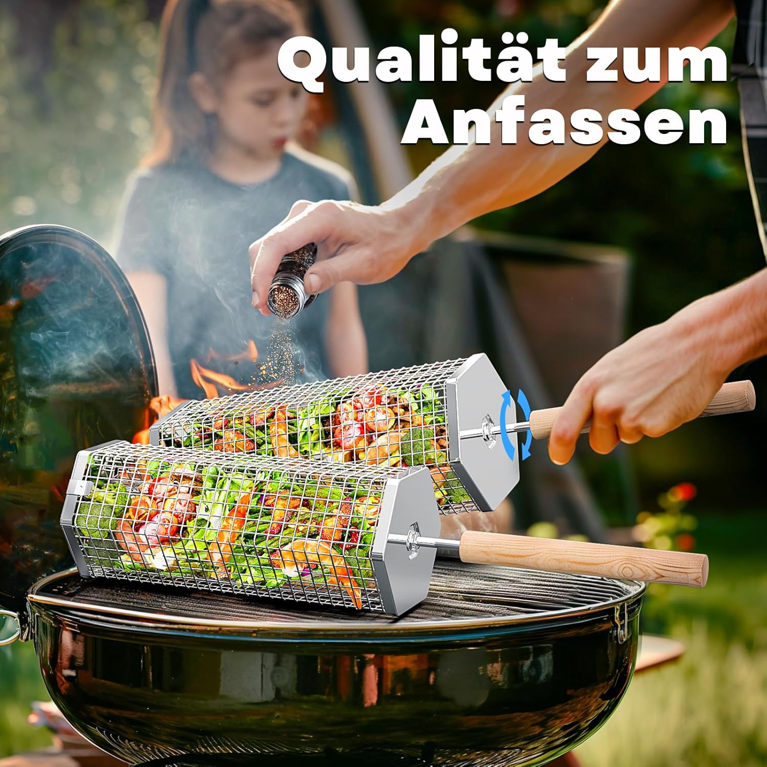 Nestbar Rollender Grillkorb, Abnehmbarer Holzgriff, Edelstahl 304, Outdoor Küche Grill Zubehör für Gemüse, Garten Camping Gadgets für Gasgrill, Geschenke Geburtstagsgeschenk für Männer Papa – Bild 3