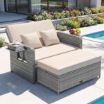 GIANTEX Lounge Möbel Outdoor, Rattan Gartenlounge Set mit Hocker, Gartensofa mit Liegefunktion, Balkon Lounge Set, Doppelliege Outdoor Sofa, Balkonmöbel Sonneninsel Loungebett mit stauraum | Drei in einem Design
