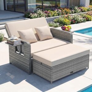 GIANTEX Lounge Möbel Outdoor, Rattan Gartenlounge Set mit Hocker, Gartensofa mit Liegefunktion, Balkon Lounge Set, Doppelliege Outdoor Sofa, Balkonmöbel Sonneninsel Loungebett mit stauraum | Drei in einem Design