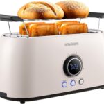 Steinborg Toaster 4 Scheiben mit Brötchenaufsatz Langschlitztoaster Toastautomat Automatische Abschaltung Doppelschlitztoaster Familientoaster Toastgerät LED Display mit Restzeitanzeige (Bulgur Beige)