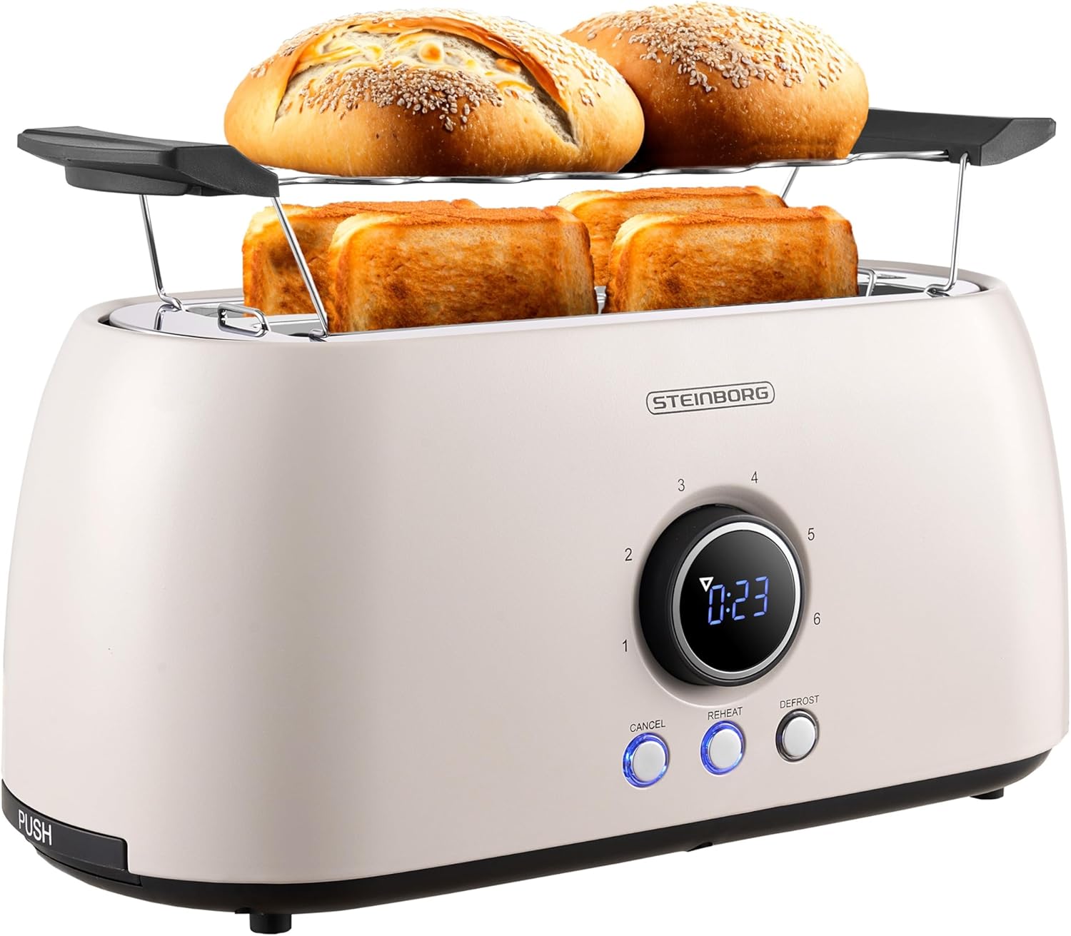 Steinborg Toaster 4 Scheiben mit Brötchenaufsatz Langschlitztoaster Toastautomat Automatische Abschaltung Doppelschlitztoaster Familientoaster Toastgerät LED Display mit Restzeitanzeige (Bulgur Beige)