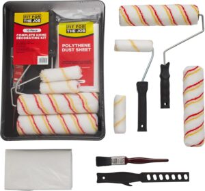 Fit For The Job 10-teiliges Heimdekorationsset, Farbroller- und -wannen-Set mit Pinsel, Staubschutzfolie, Rührer – Rollenset sowie Mini-Roller zum Auftragen von Dispersionsfarbe an Wänden und Decken