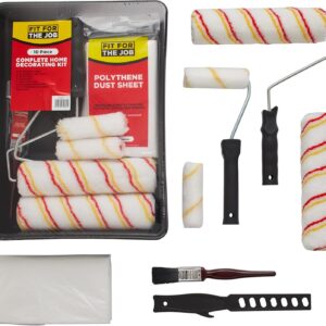 Fit For The Job 10-teiliges Heimdekorationsset, Farbroller- und -wannen-Set mit Pinsel, Staubschutzfolie, Rührer – Rollenset sowie Mini-Roller zum Auftragen von Dispersionsfarbe an Wänden und Decken