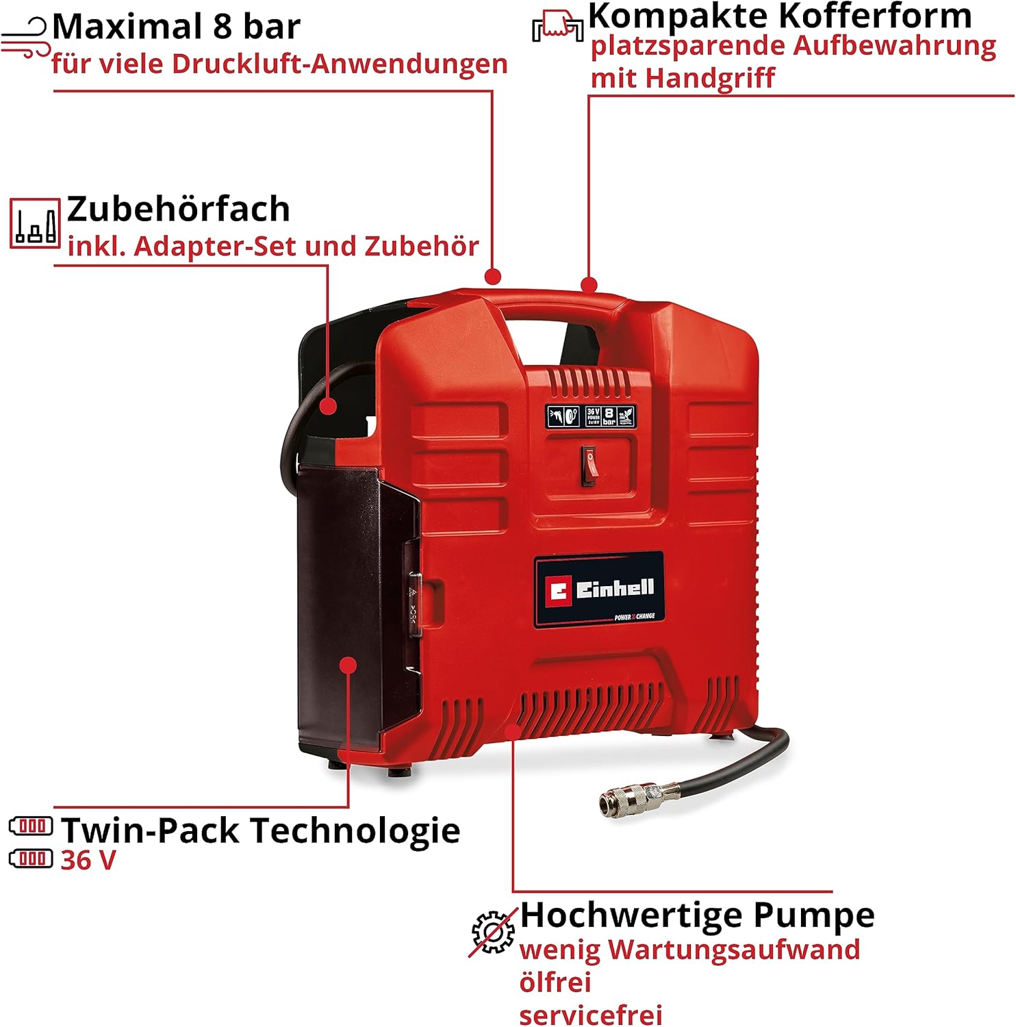 Einhell Akku-Koffer-Kompressor TE-AC 36/8 Li OF Set-Solo Power X-Change (36 V, max. 8 bar, ölfrei, Ansaugleistung 130 l/min, inkl. 3-tlg. Adapter-Set, ohne Akku & Ladegerät) – Bild 3