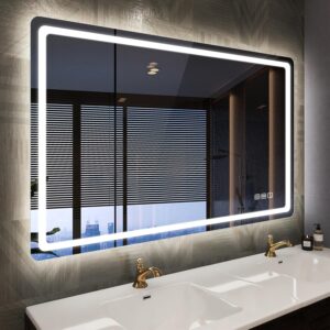 STARLEAD Bad-Spiegel-mit-Beleuchtung 100x70cm, Badezimmerspiegel-mit-licht und Entfoggen, Bluetooth, Dimmbar, 3 Farbtemperaturen, Speicherfunktion, IP44 Hartglas Spiegel-Bad, Horizontal/Vertikal