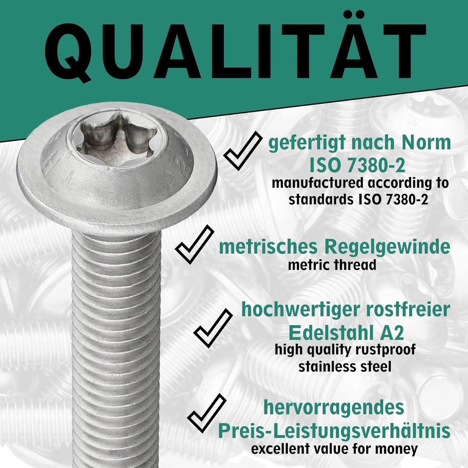 Linsenkopfschraube mit Flansch und Innensechsrund/Torx (ISR,TX) nach Norm: ISO 7380-2 rostfreier Edelstahl A2 V2A Vollgewinde Flanschschraube Flachkopfschraube (M6 x 70 mm, 25 Stück) – Bild 5
