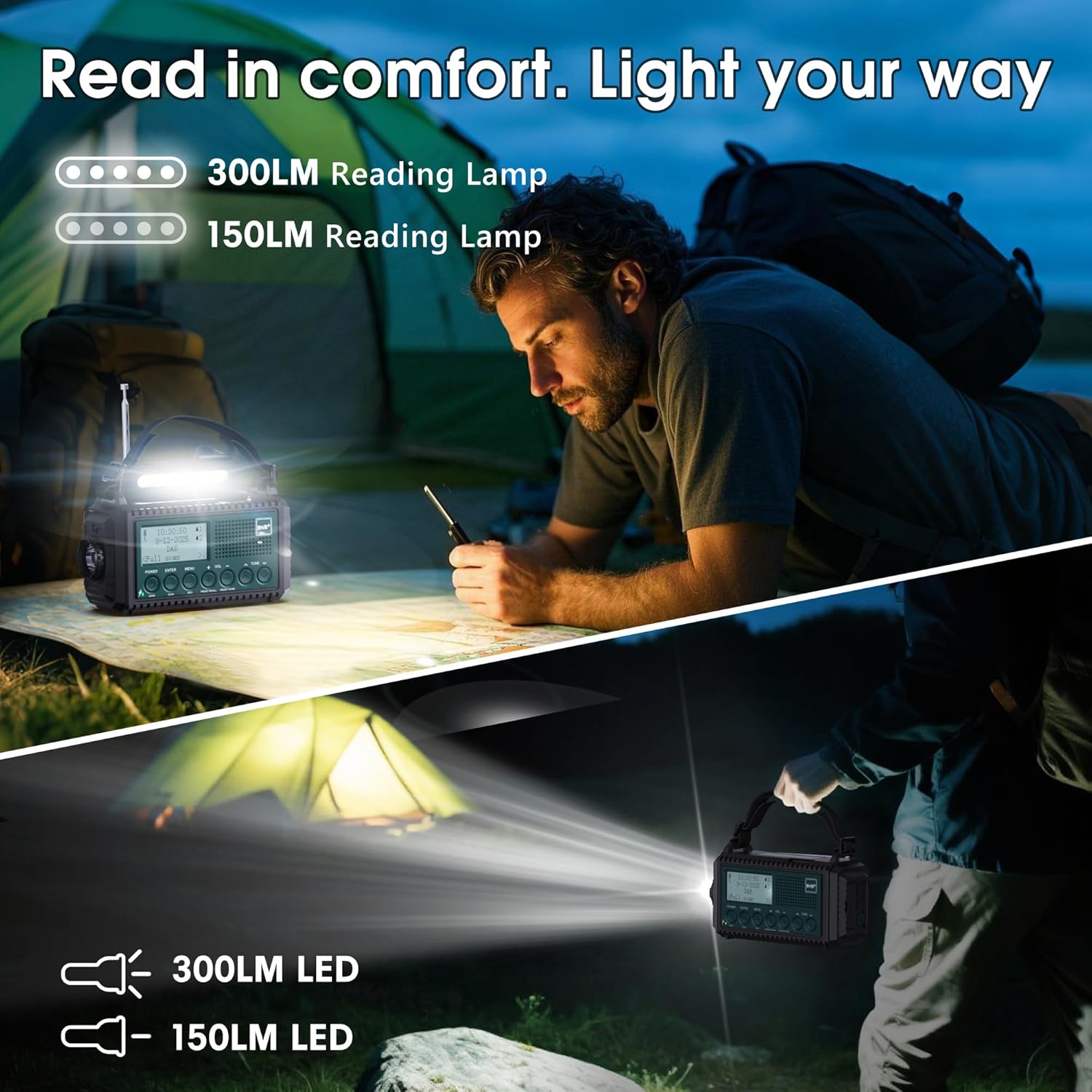 Kurbelradio DAB/DAB+/UKW, Baustellenradio Radio Batteriebetrieben, Tragbare Solar Notfallradio mit 5000mAh Wiederaufladbare Akku, LED Taschenlampe & Leselicht, IPX4, SOS-Alarm für Outdoor, Camping – Bild 4