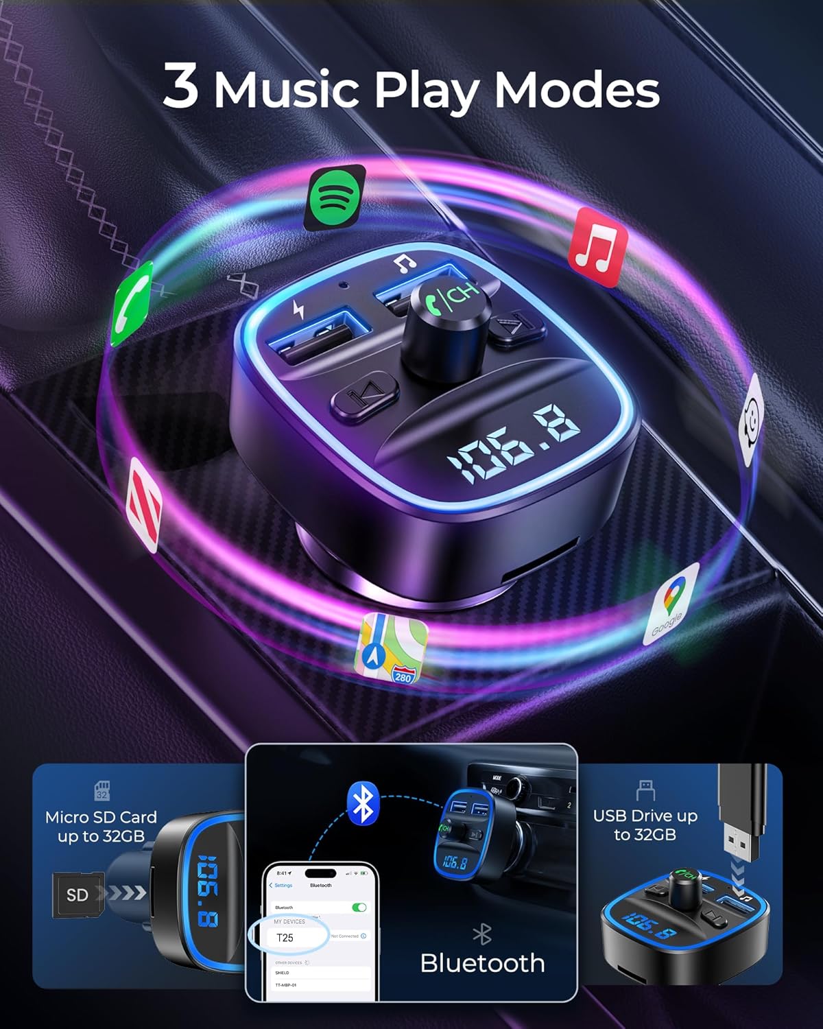 LENCENT Bluetooth FM Transmitter Auto, Musik Adapter für Auto Radio, KFZ Bluetooth Zigarettenanzünder Freisprechanlage, 2 USB Ports, Unterstützt SD-Karte USB-Sticks – Bild 4