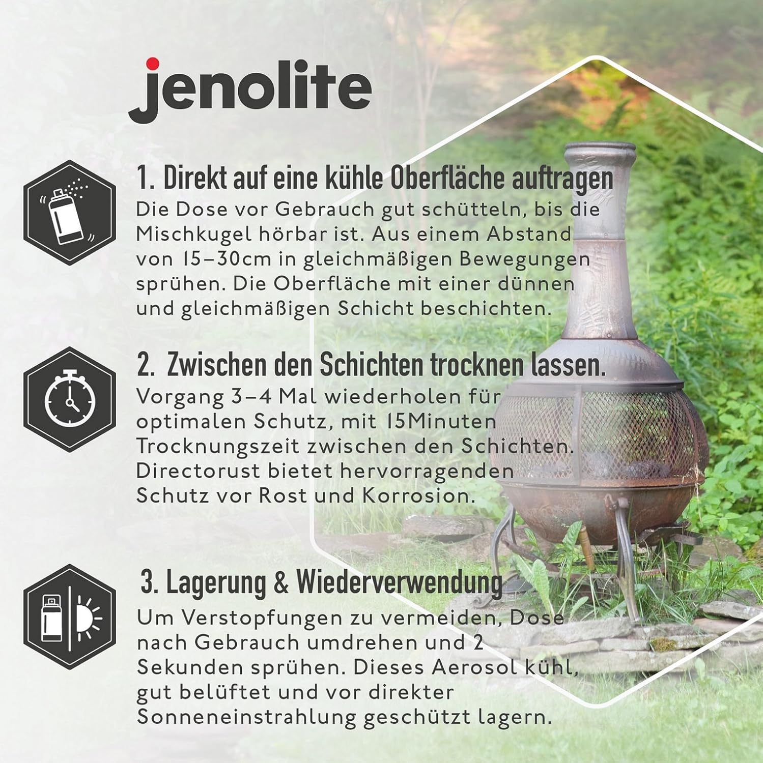 JENOLITE Directorust Grill & Ofen Sprühfarbe - Schwarz Matt I 400ml | Hitzebeständiger Lack I Hochtemperatur Lack bis 650°C I Grill Spray, Ofenlack, Kaminlack, Grillkamin Farbe, Auspufflack & mehr – Bild 3