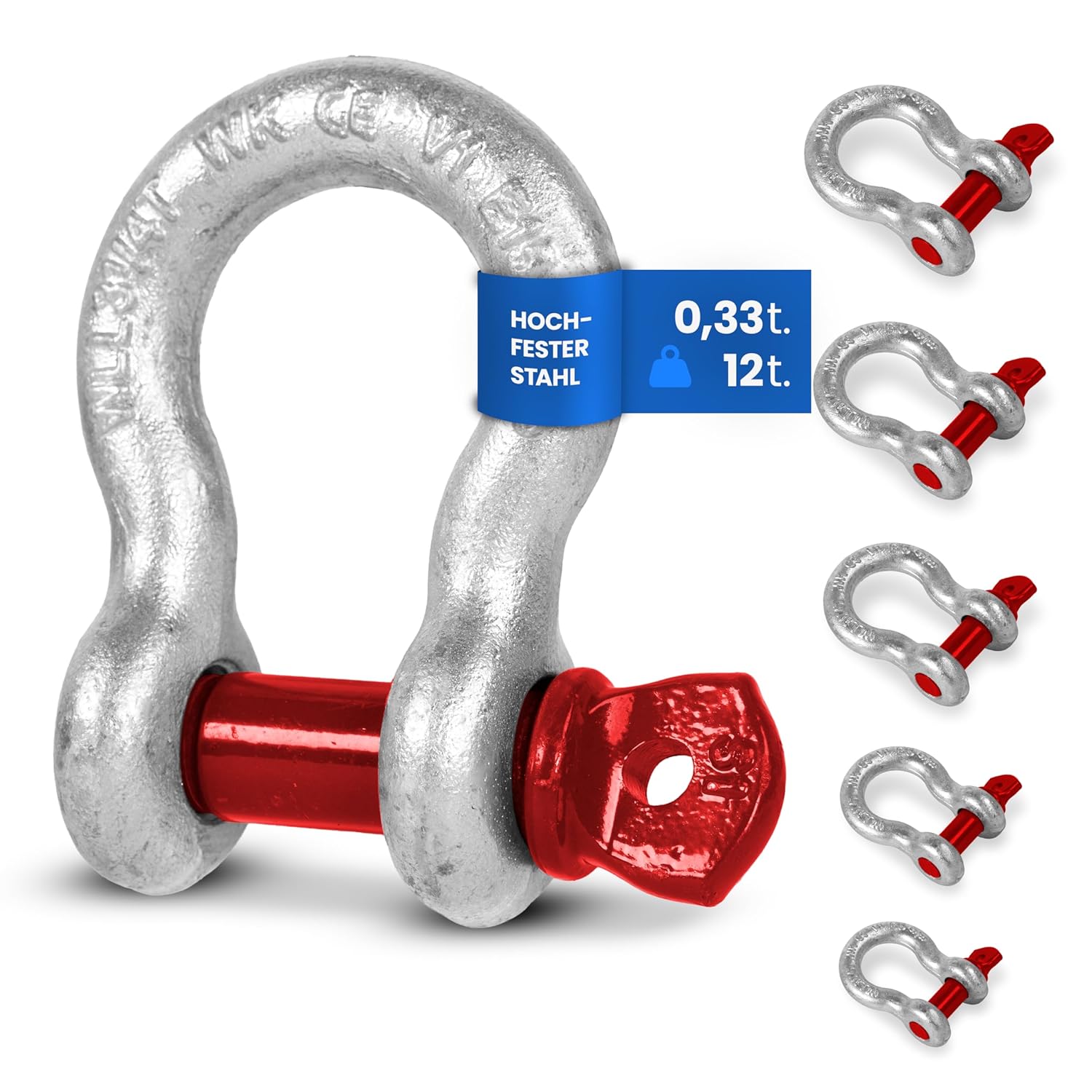 Schäkel hochfest geschweift - Größe & Menge wählbar: WLL 0,33-12 Tonnen Tragkraft - hochbelastbarer feuerverzinkter Stahl (2 Stk, 4,75t)