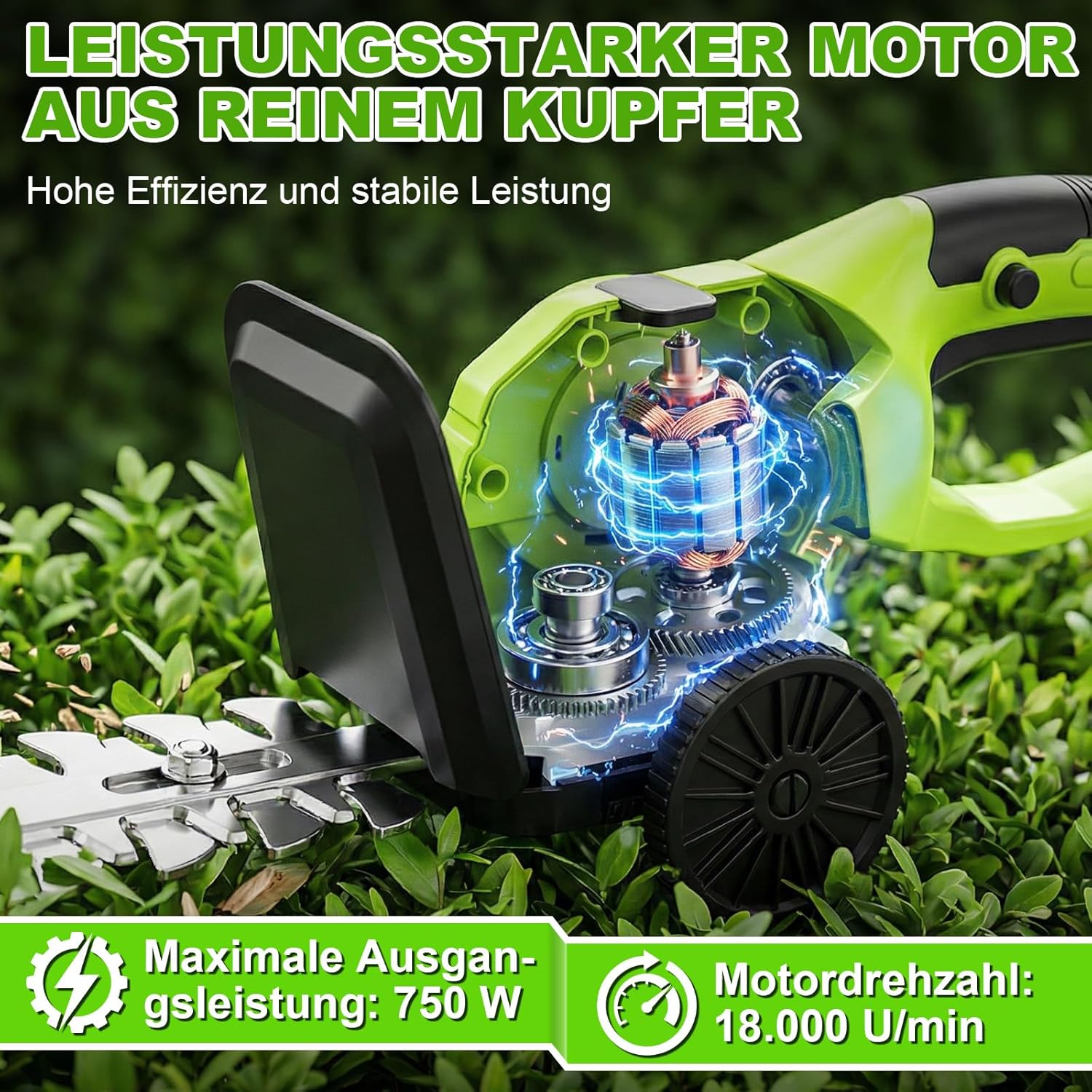 4-in-1 Akku Grasschere & Strauchschere mit 115cm Verlängerungsstange (165cm Reichweite), 21V Gartenschere mit Rollen, 650W, 180° verstellbar, 2 Akkus – für Rasenkanten, Hecken & Formschnitt – Bild 5