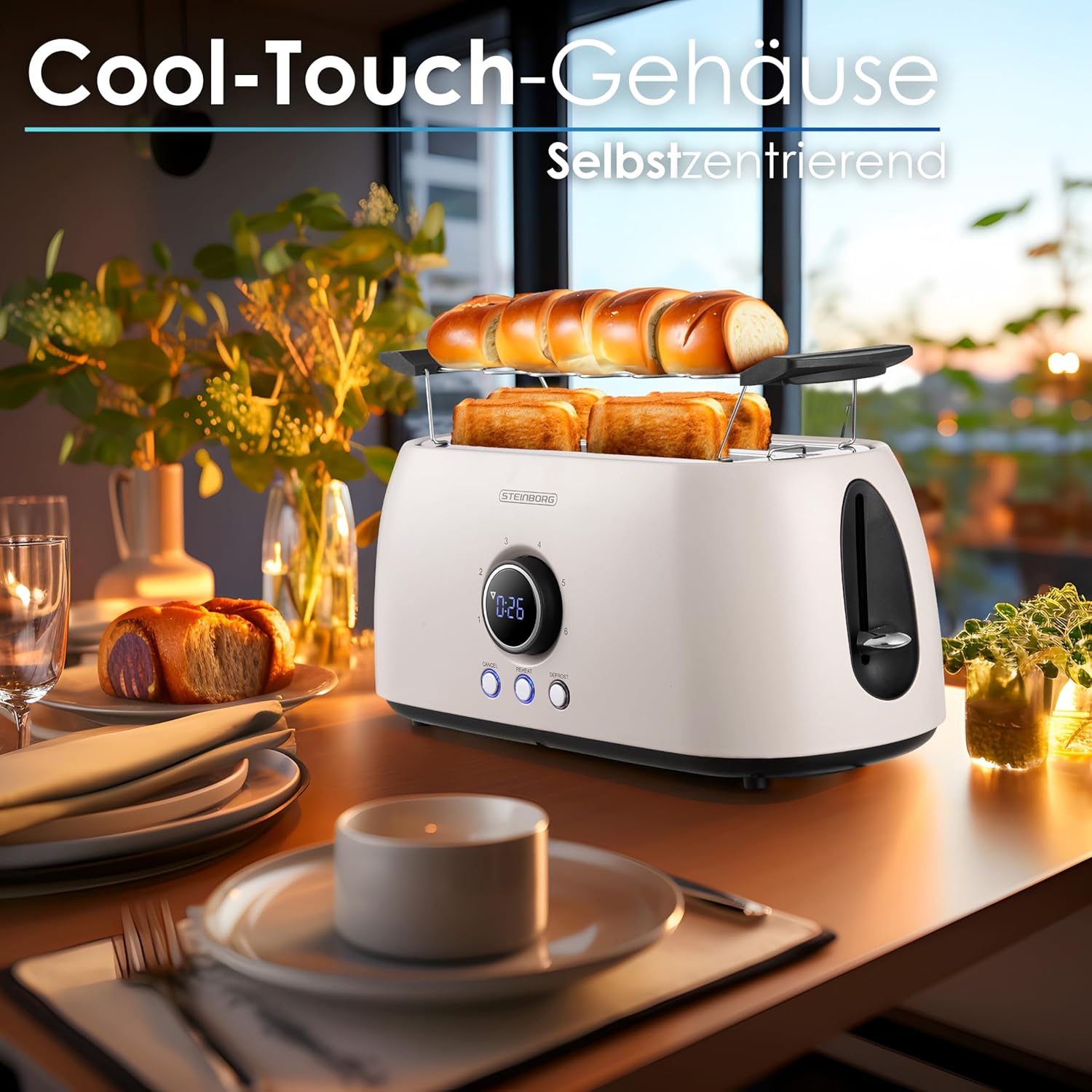 Steinborg Toaster 4 Scheiben mit Brötchenaufsatz Langschlitztoaster Toastautomat Automatische Abschaltung Doppelschlitztoaster Familientoaster Toastgerät LED Display mit Restzeitanzeige (Bulgur Beige) – Bild 5