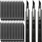 FOSHIO 3 Stück Professional 9mm Messer Cuttermesser mit 30 pcs 30°Abbrechklingen, Cuttermesser Profi, Cutter klingen für Folien, Papier, Basteln (Schwarz)