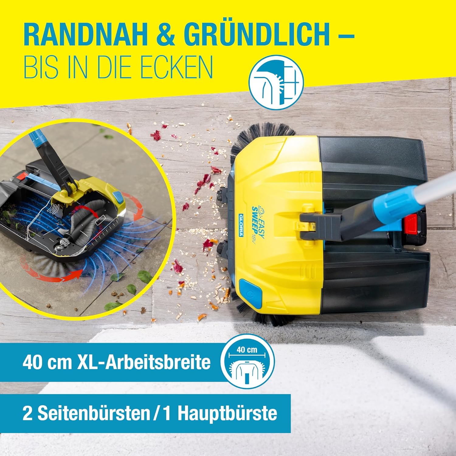 GLORIA Akku-Kehrmaschine EasySweep 18V inkl. Bosch 18V Akku | Elektrischer Akkubesen & Kehrbesen für Indoor & Outdoor | Einfahrt, Gehweg, Terrasse, Garage & Laub | 40 cm Arbeitsbreite & 4,5L Behälter – Bild 4
