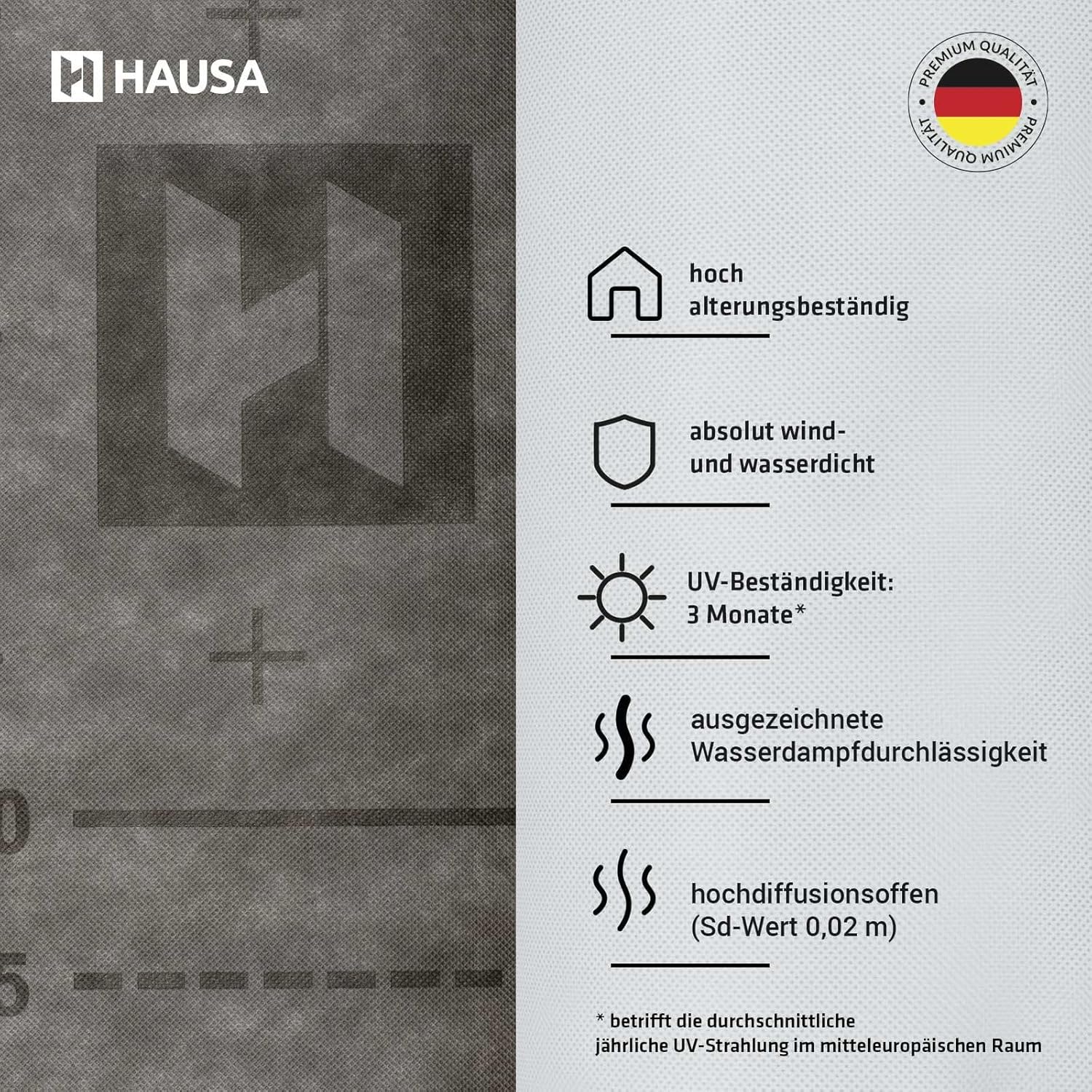 HAUSA Unterspannbahn 130g/m² grau 75 m² (1,5mx50m) hochdiffusionsoffene wasserdichte Unterdeckbahn witterungs- alterungsbeständig reißfest Schalungsbahn Ultra HU130 mit 2 Selbstklebestreifen – Bild 2