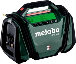 metabo Akku-Kompressor AK 18 Multi - 18 V, 11 bar, 16 l/min - Vielseitig einsetzbar, für Auto- und Fahrradreifen, Bälle, Luftmatratzen, mit LED-Licht und 12V KFZ-Kabel - Ohne Akku und Ladegerät