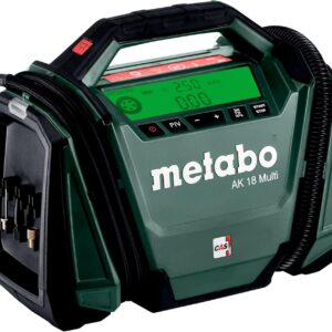 metabo Akku-Kompressor AK 18 Multi - 18 V, 11 bar, 16 l/min - Vielseitig einsetzbar, für Auto- und Fahrradreifen, Bälle, Luftmatratzen, mit LED-Licht und 12V KFZ-Kabel - Ohne Akku und Ladegerät