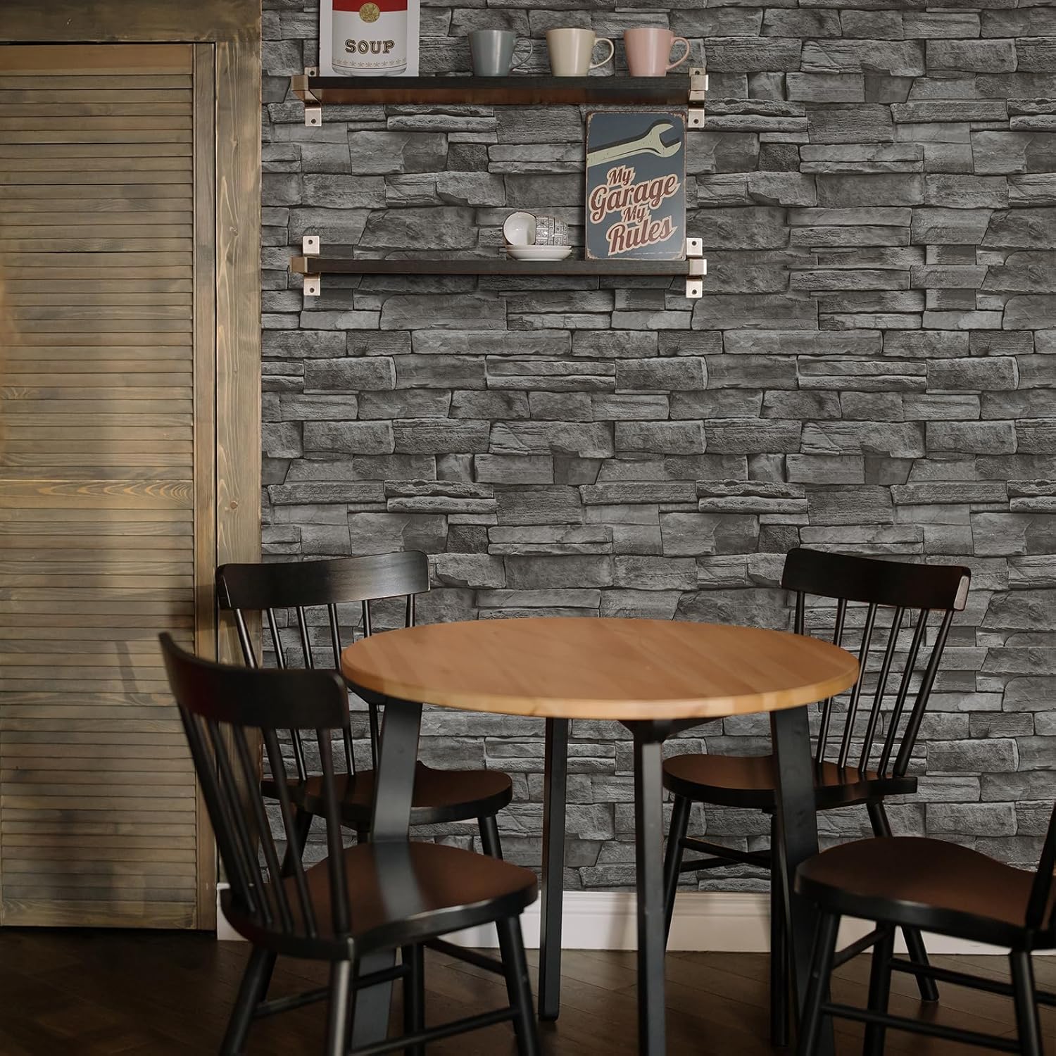 Hode Selbstklebende Tapete Steinoptik 44x600cm, Klebefolie Steinoptik Grau, Selbstklebende Folie Ziegel für Möbel Küche Schlafzimmer, Wandtapete Steintapete Backstein Wohnzimmer Wasserdicht – Bild 2