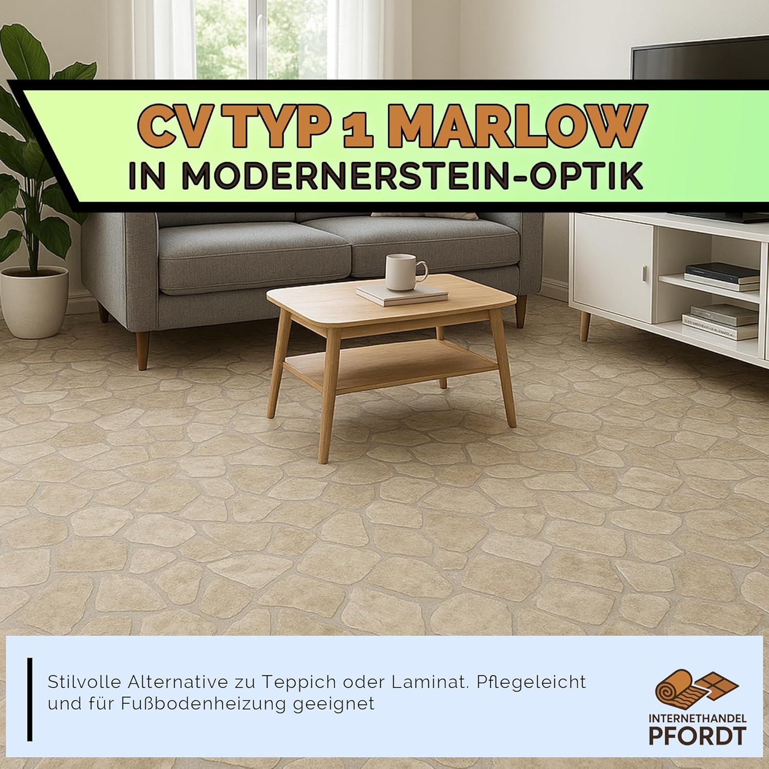 CV Bodenbelag Marlow Stein Optik, 300x200 cm, pflegeleichter PVC Vinylboden, Meterware für Küche und Wohnzimmer – Bild 2