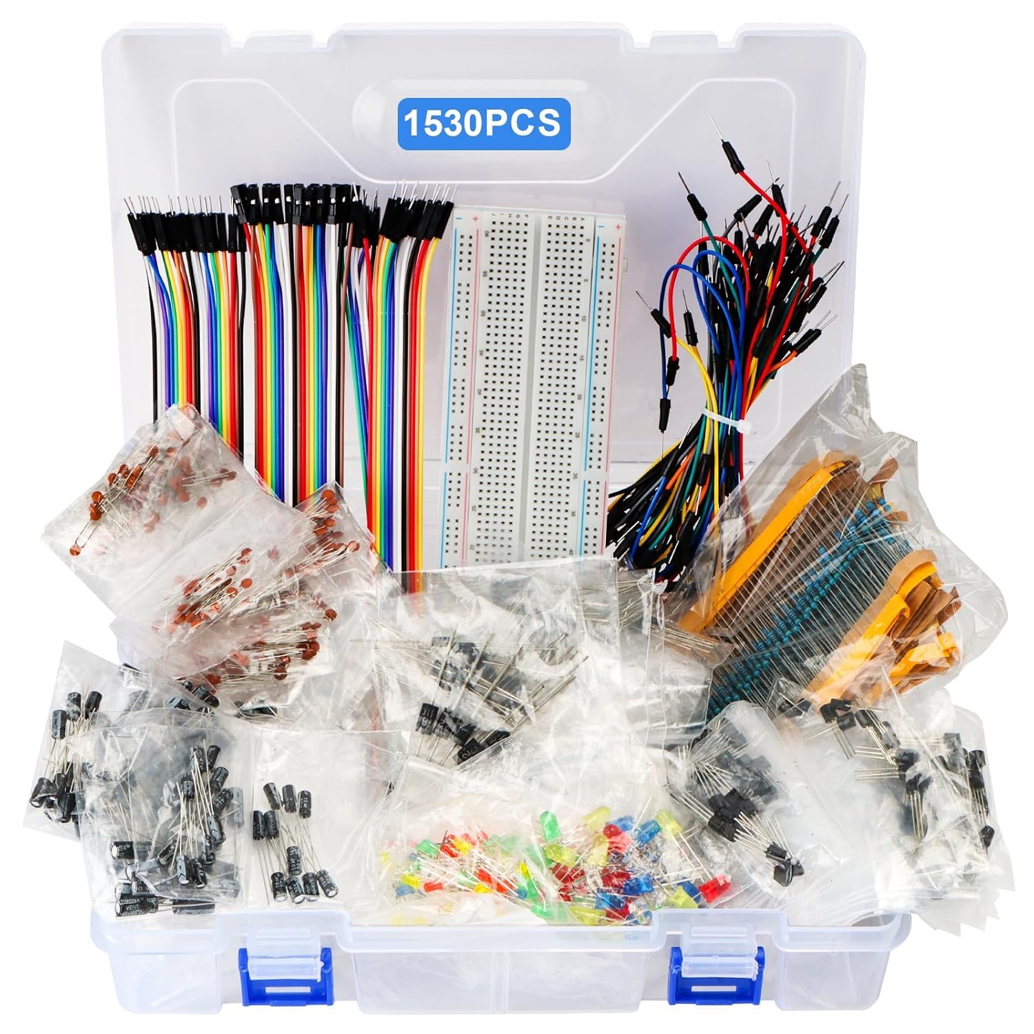 1530 Stück Elektronik Bauteile Kit 9 Arten mit Metallschichtwiderstand,kondensator,Diode,LED Leuchtdioden,Transistor,Dupont Wires,Jumperkabel und Steckbrett, Für UNO R3